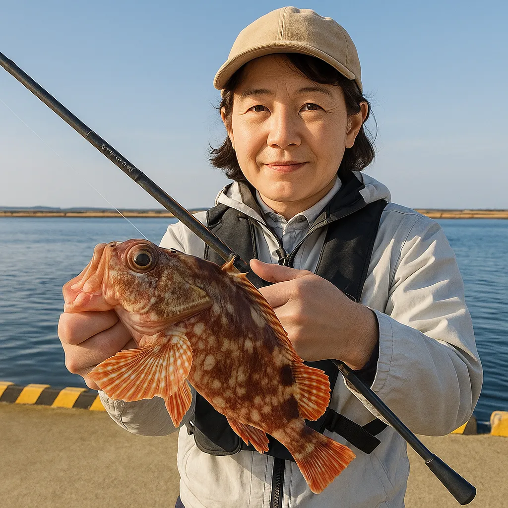 調川港でカサゴの釣果を得た女性.webp
