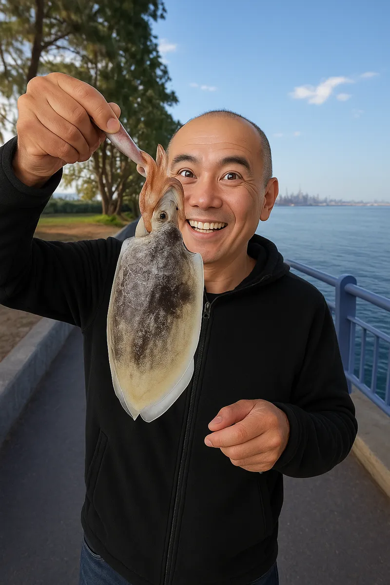 赤坂海岸でコウイカの釣果を得たがんだま君.webp