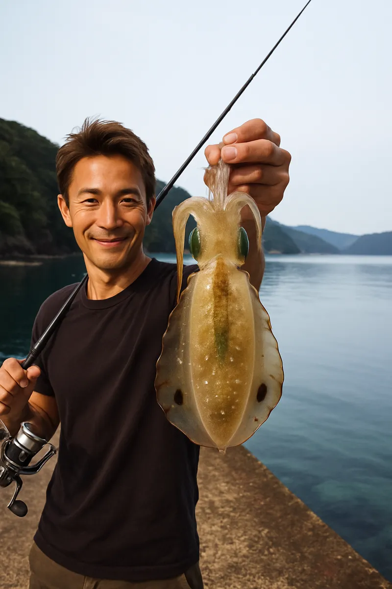 軍ヶ浦港でアオリイカの釣果を得た亀岡.webp