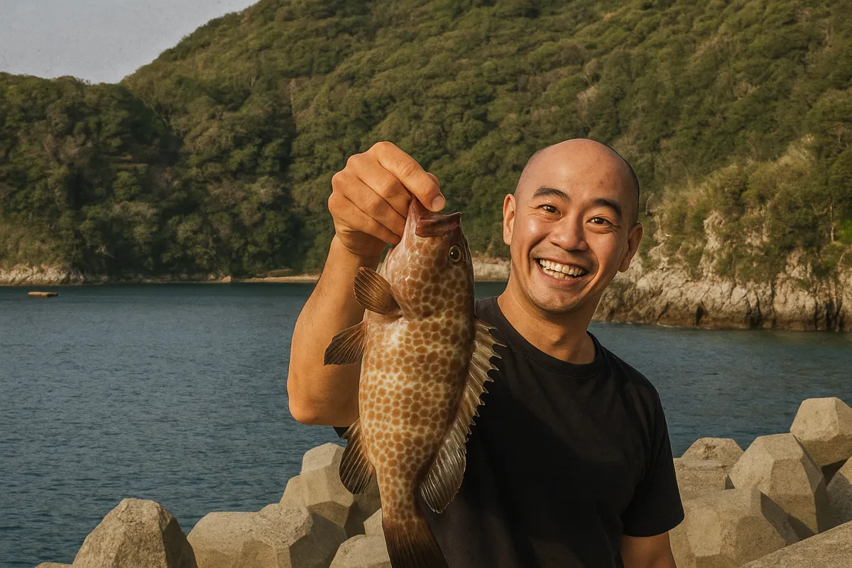 軍ヶ浦港でオオモンハタの釣果を得たがんだま君.webp