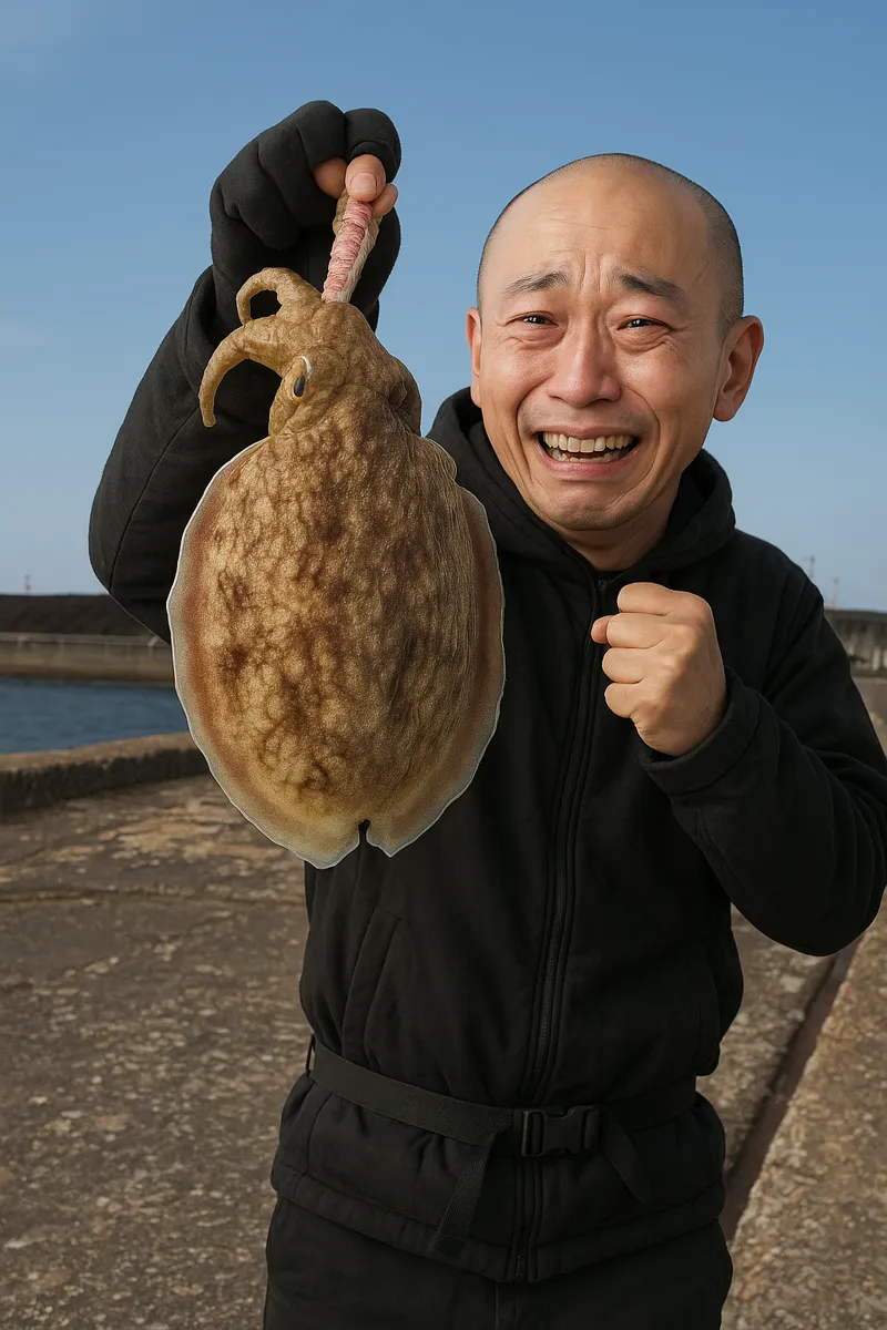 軍艦防波堤でコウイカの釣果を得たがんだま君.webp