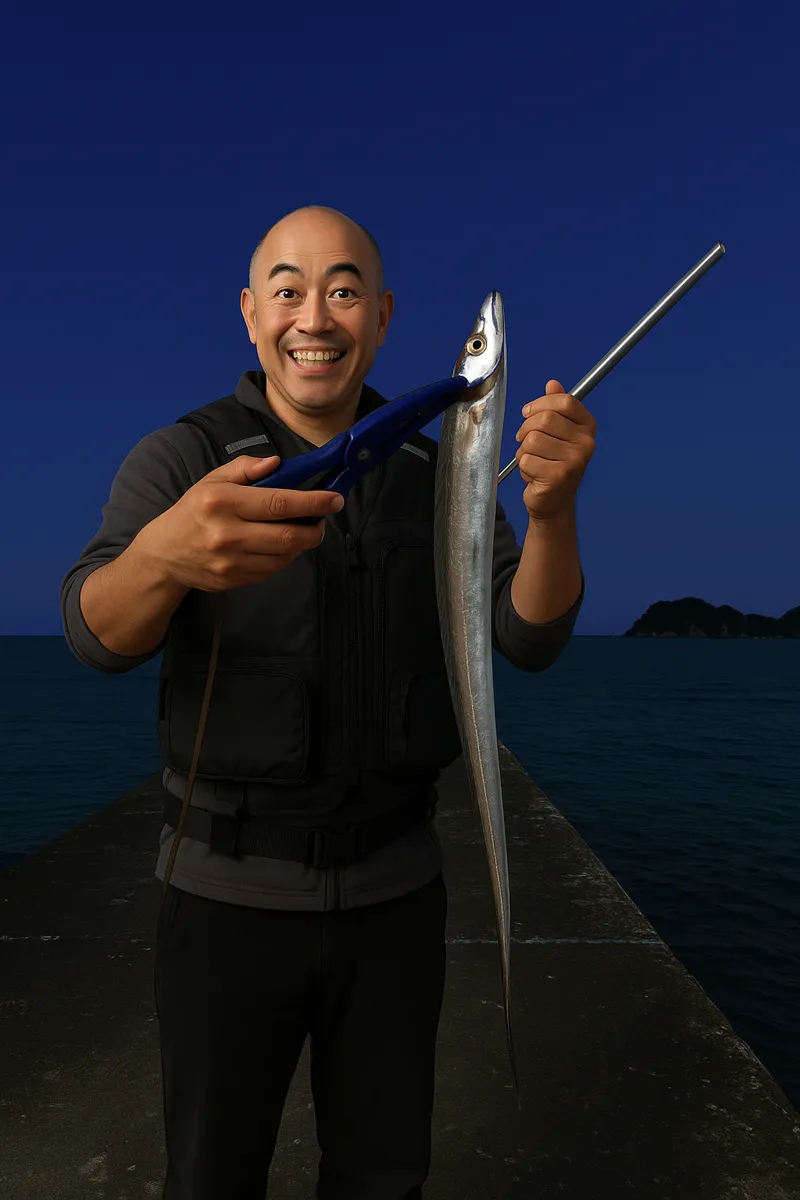 辰巳突堤でタチウオの釣果を得たがんだま君.webp