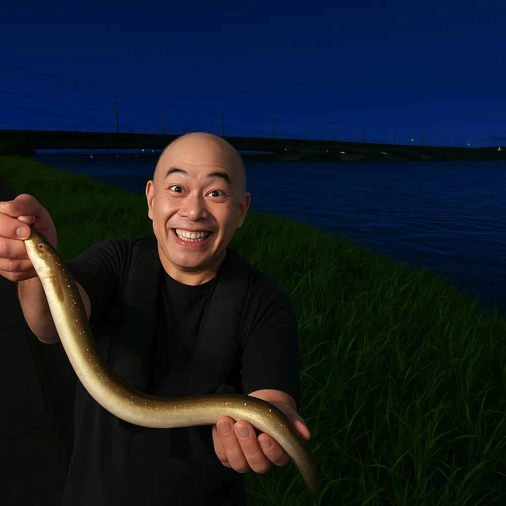 遠賀川でウナギの釣果を得たがんだま君.webp