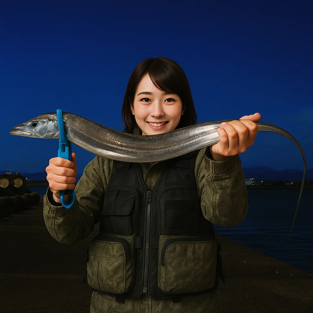 郡六突堤でタチウオの釣果を得た西岡.webp
