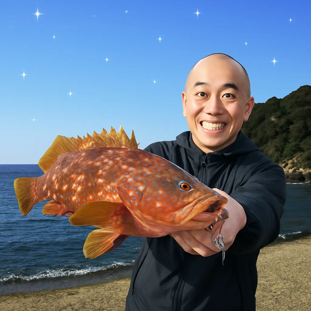 野北漁港でアコウの釣果を得たがんだま君.webp