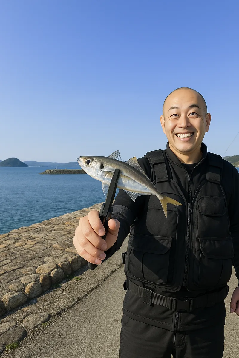 野釜漁港でアジの釣果を得たがんだま君.webp