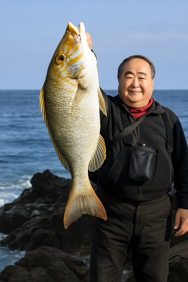 野間岬でハマフエフキの釣果を得た持田.webp