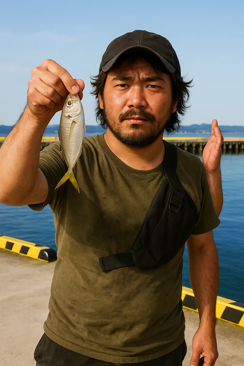 鐘崎漁港でアジの釣果を得た男性.webp