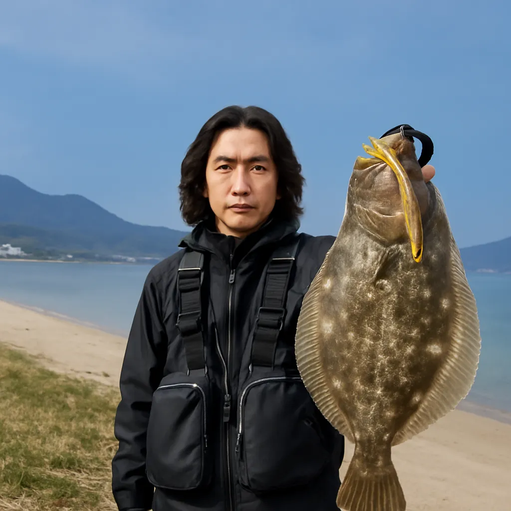 長浜海岸でヒラメの釣果を得た岸本.webp