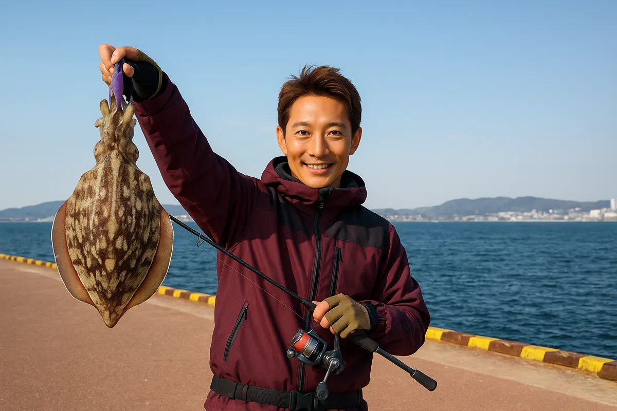 門司港でコウイカの釣果を得た亀岡.webp