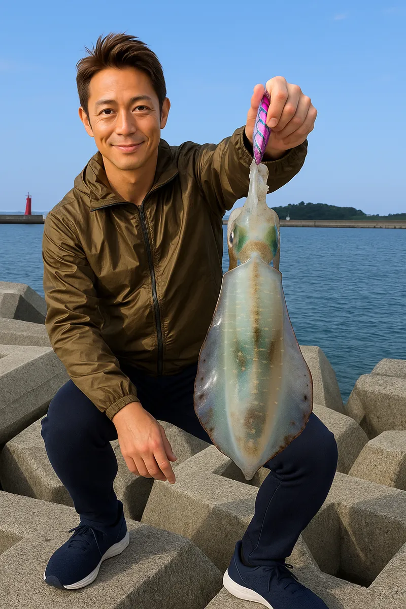 阿久根新港でアオリイカの釣果を得た亀岡.webp