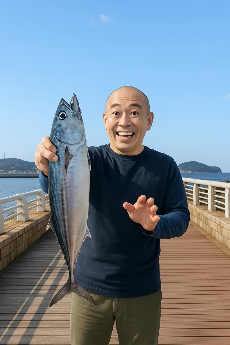 阿久根新港でソウダガツオの釣果を得たがんだま君.webp