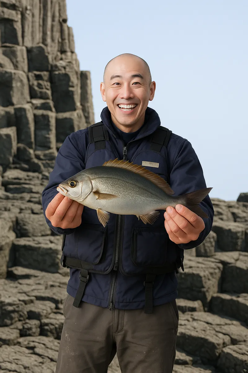 阿値賀島でイサキの釣果を得たがんだま君.webp
