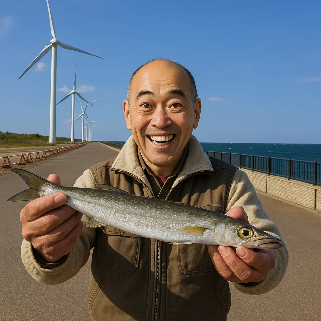響灘北緑地でカマスの釣果を得たがんだま君.webp