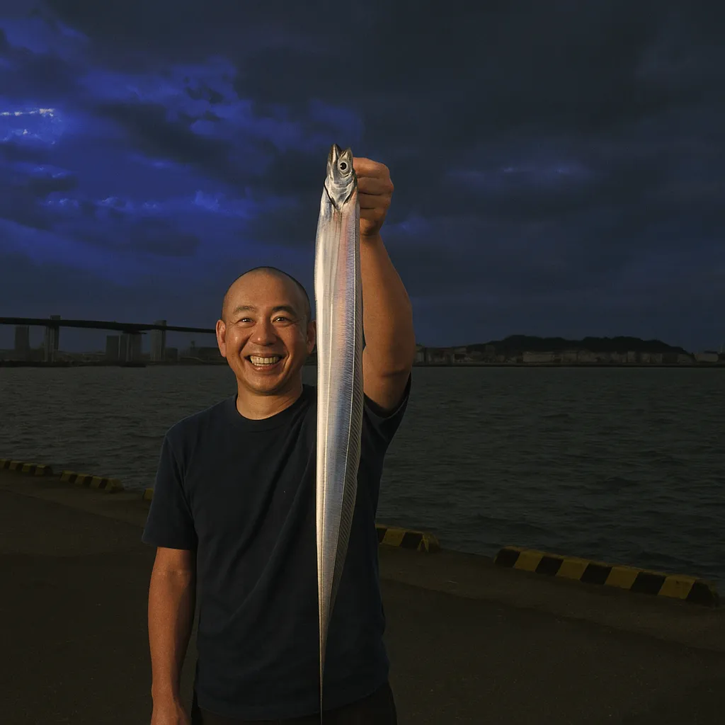 須崎埠頭でタチウオの釣果を得たがんだま君.webp