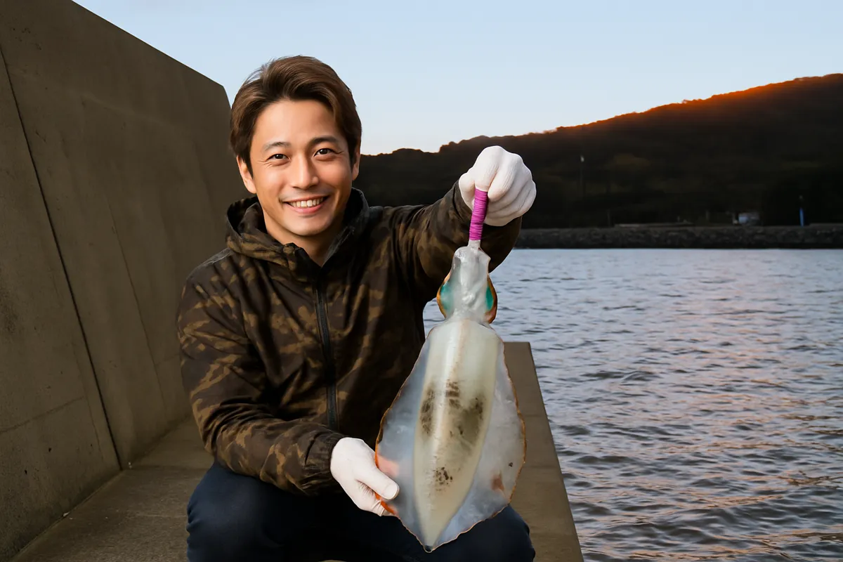 馬渡島でエギングの釣果を得た男性.webp