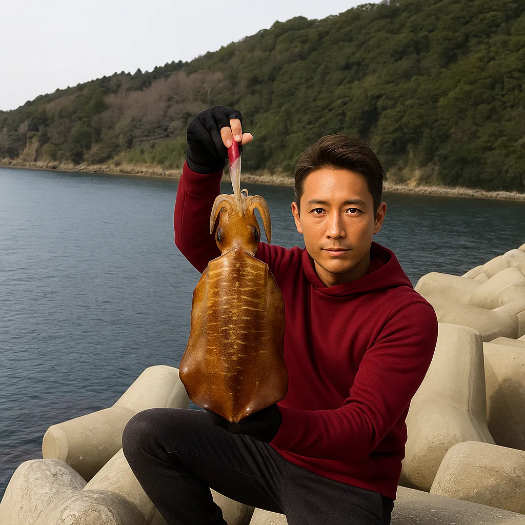 駄竹漁港でアオリイカの釣果を得た亀岡.webp