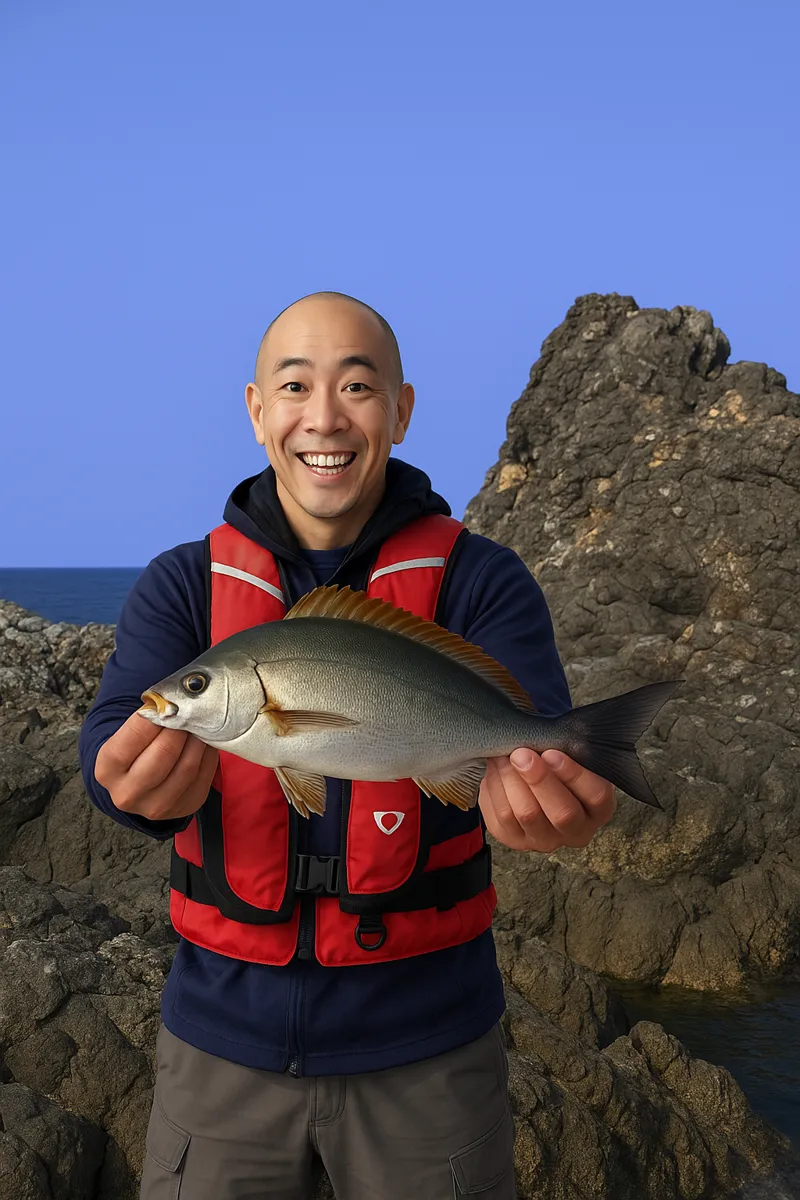 鵜来島でイサキの釣果を得たがんだま君.webp