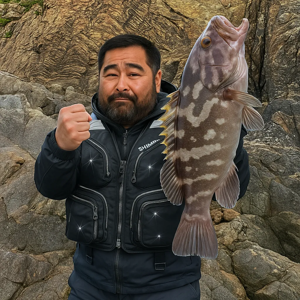 鵜来島でクエの釣果を得た楢崎.webp
