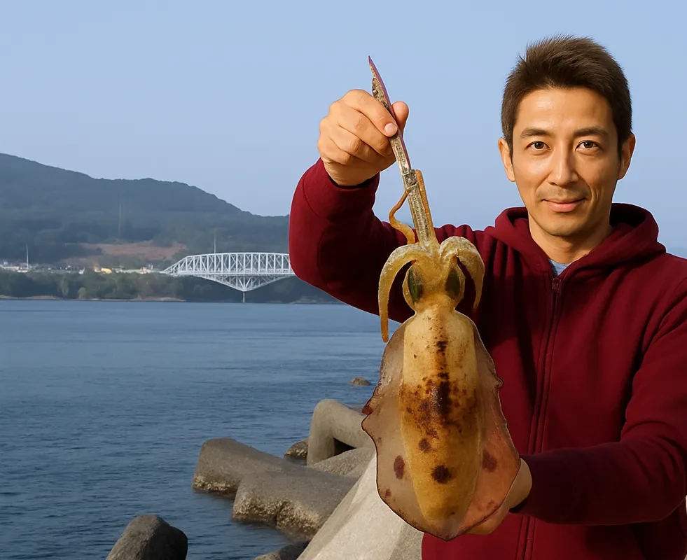 黒之浜港でアオリイカの釣果を得た亀岡.webp