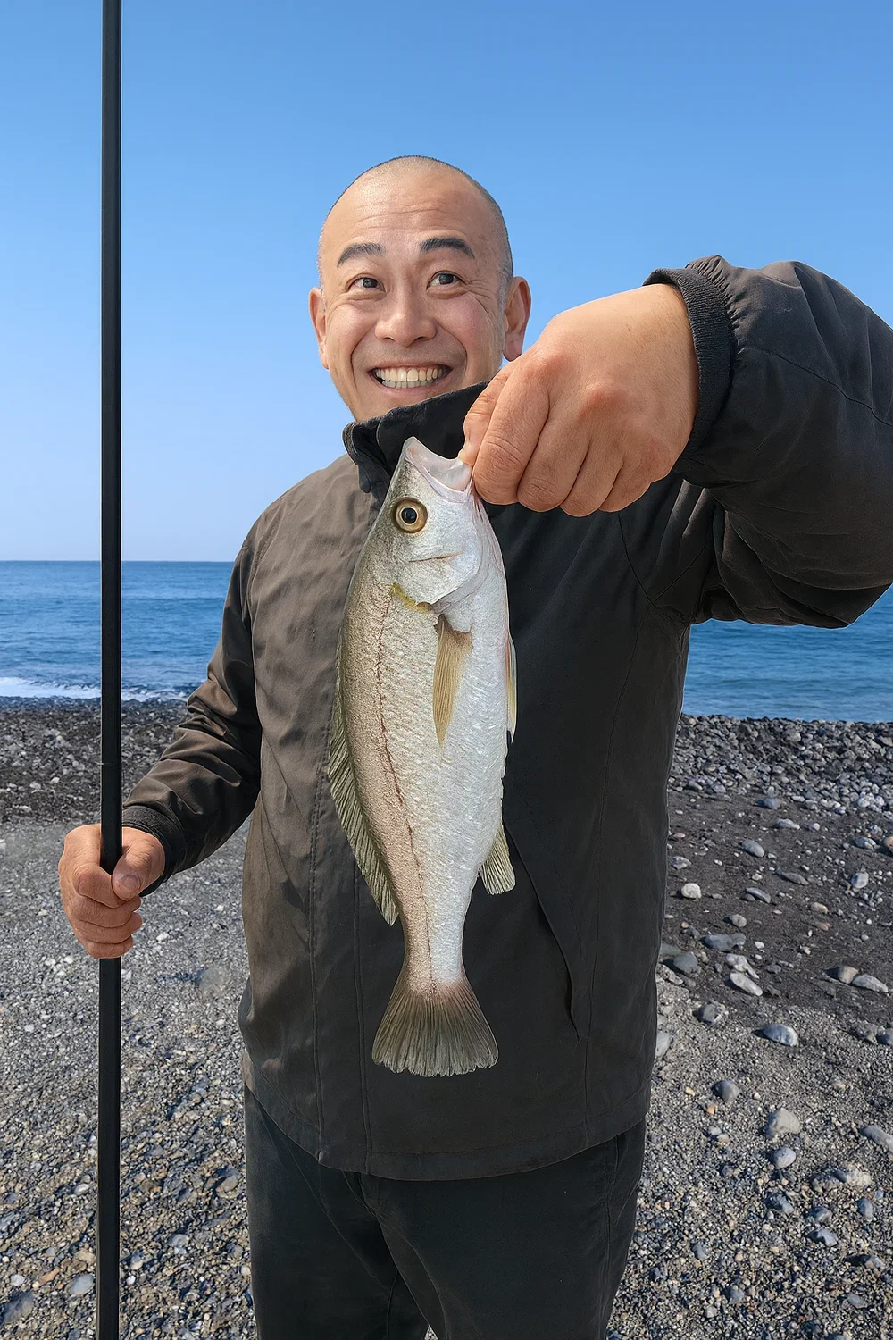 酒匂海岸でイシモチの釣果を得たがんだま君