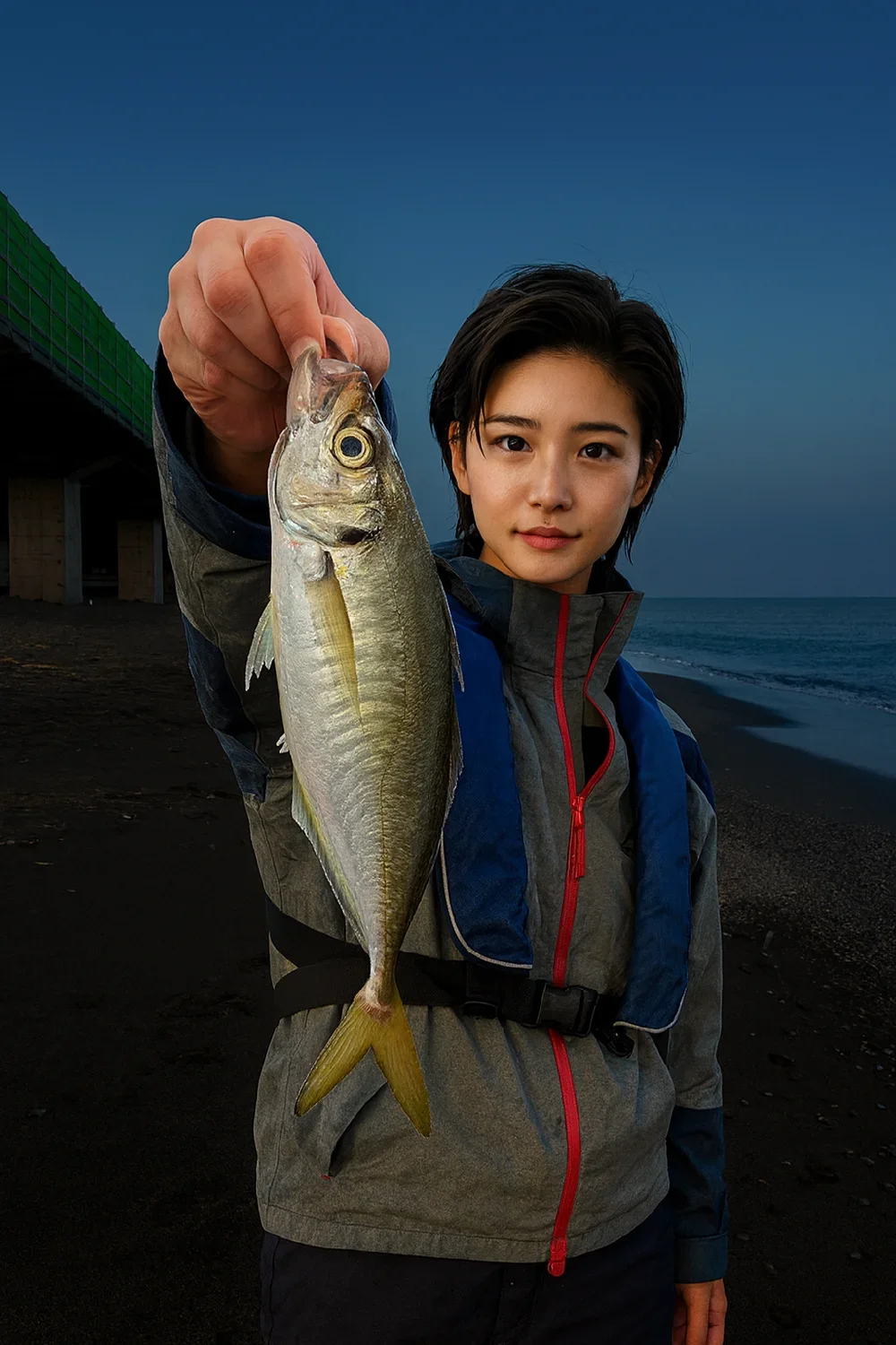 国府津海岸の夜釣りでアジを釣った佐伯