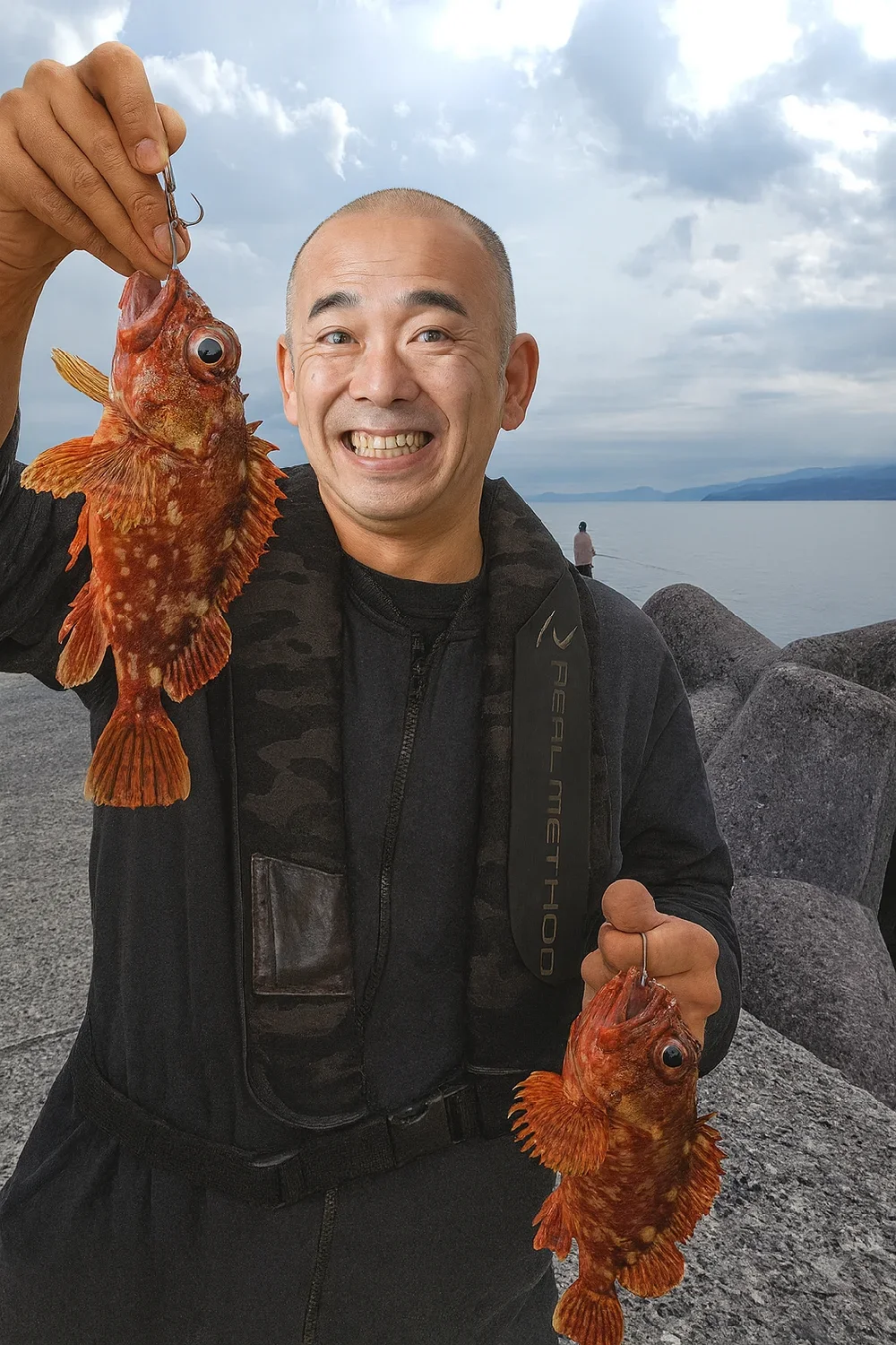 福浦漁港でカサゴを釣ったがんだま君