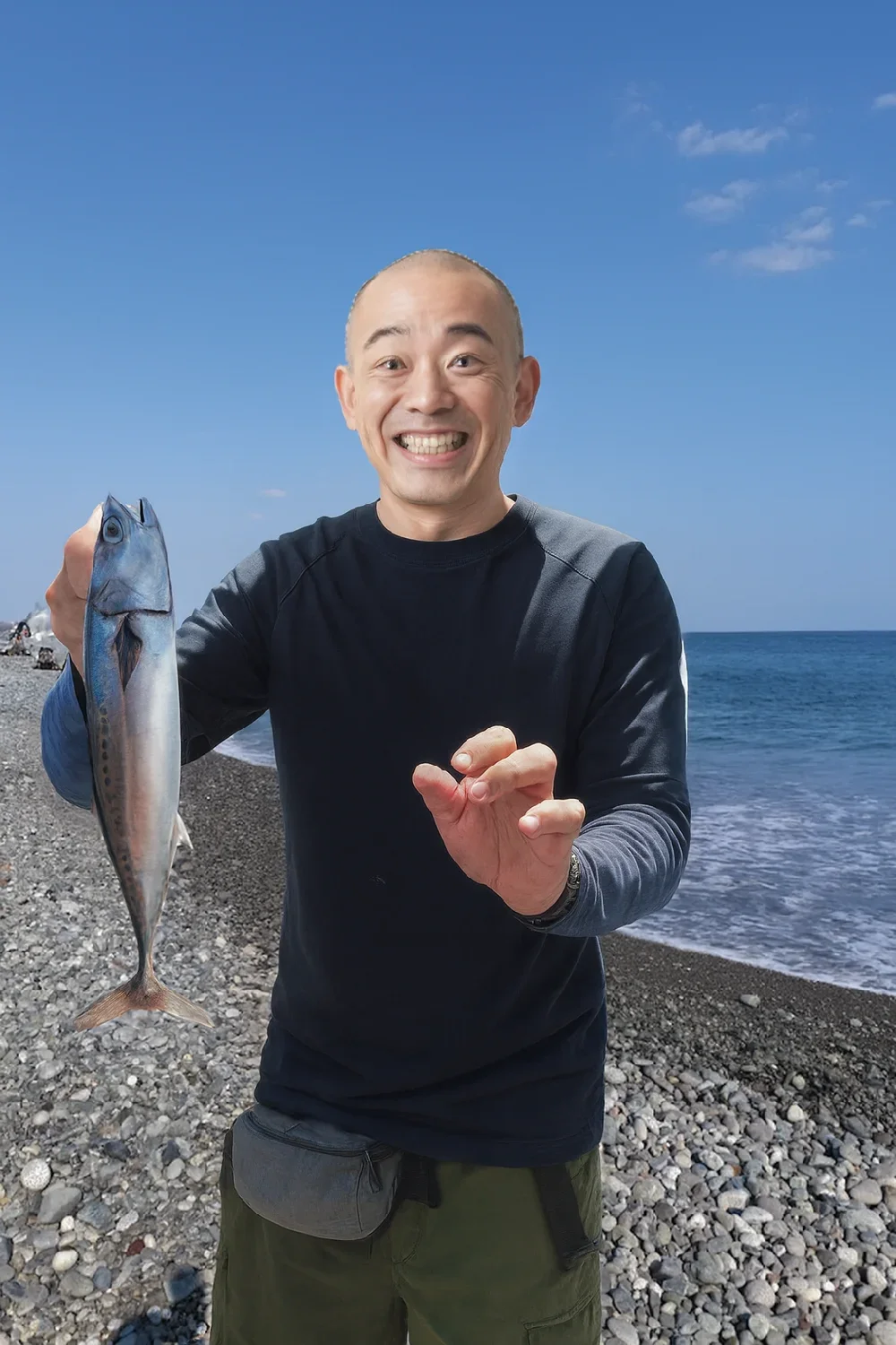 御幸の浜でソウダガツオの釣果を得たがんだま君