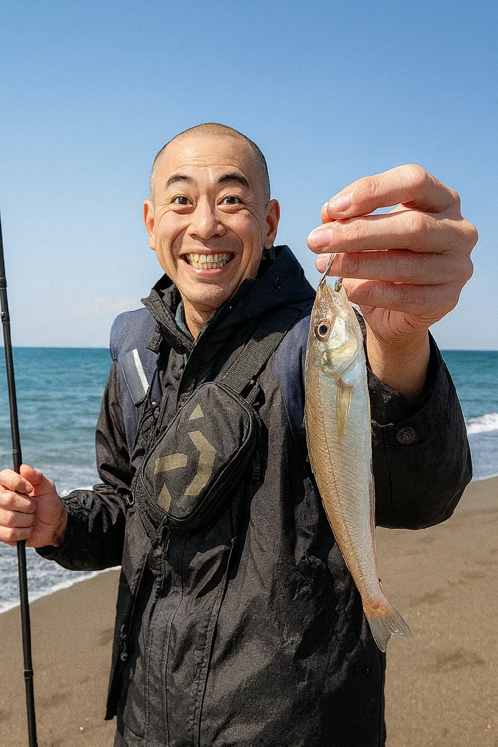 小八幡海岸でキスの釣果を得たがんだま君