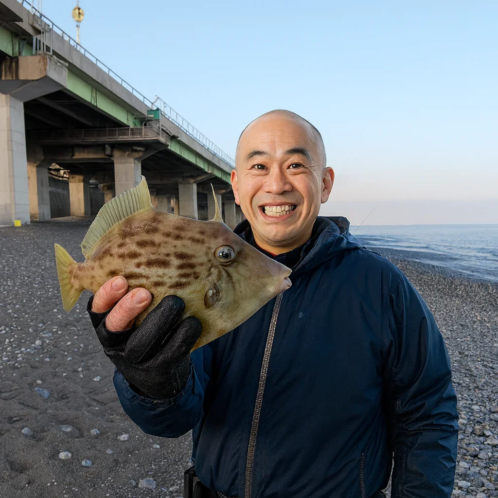 国府津海岸でカワハギを釣ったがんだま君