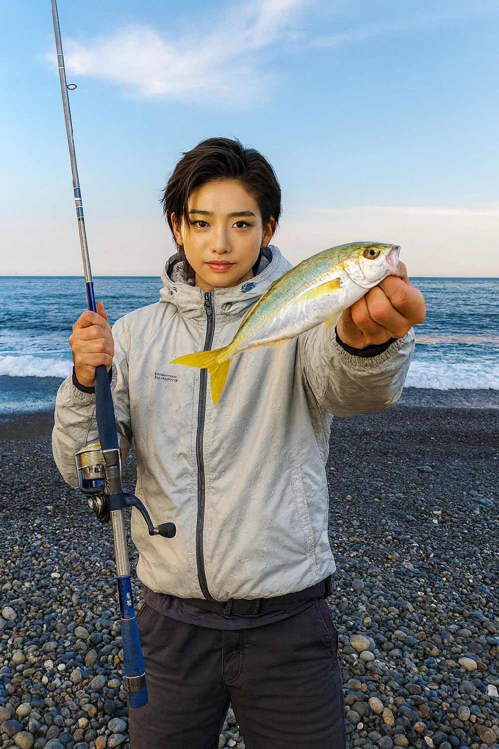 国府津海岸でワカシの釣果を得た佐伯