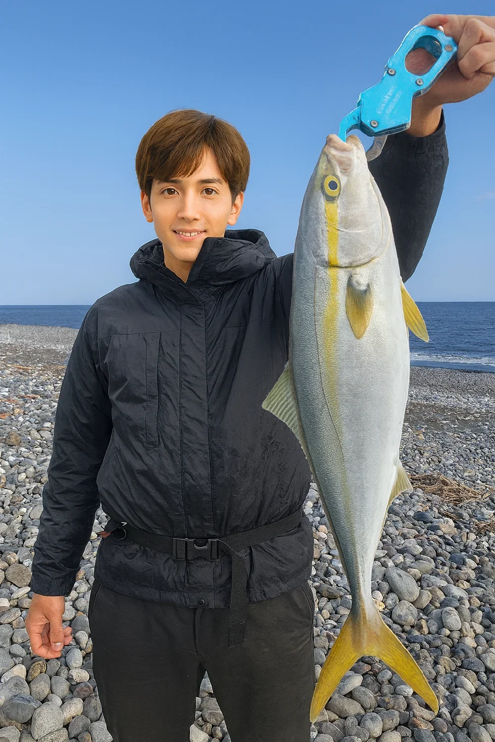 酒匂海岸でイナダの釣果を得た男性