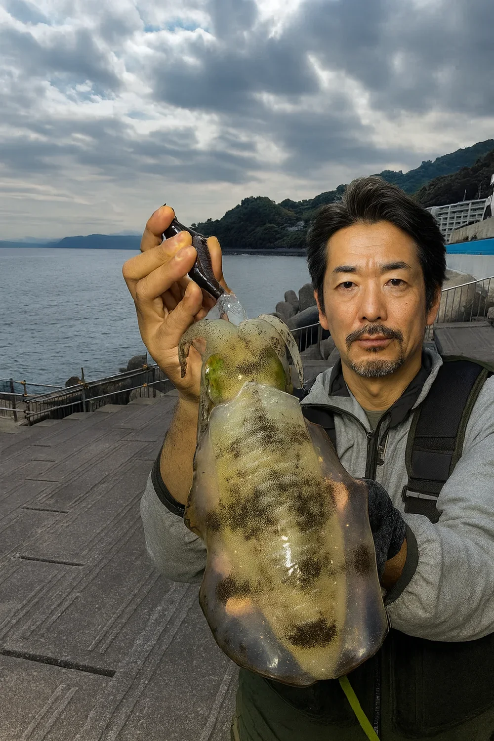 湯河原海浜公園でヤエン釣りを行いアオリイカを得た佐々木