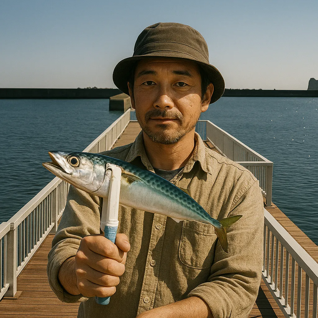 いわきサンマリーナでサバの釣果を得た男性.webp