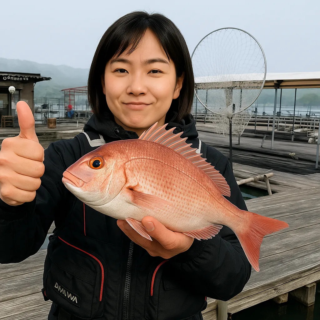 かまえ海上釣り堀釣っちゃ王でマダイの釣果を得た女性.webp