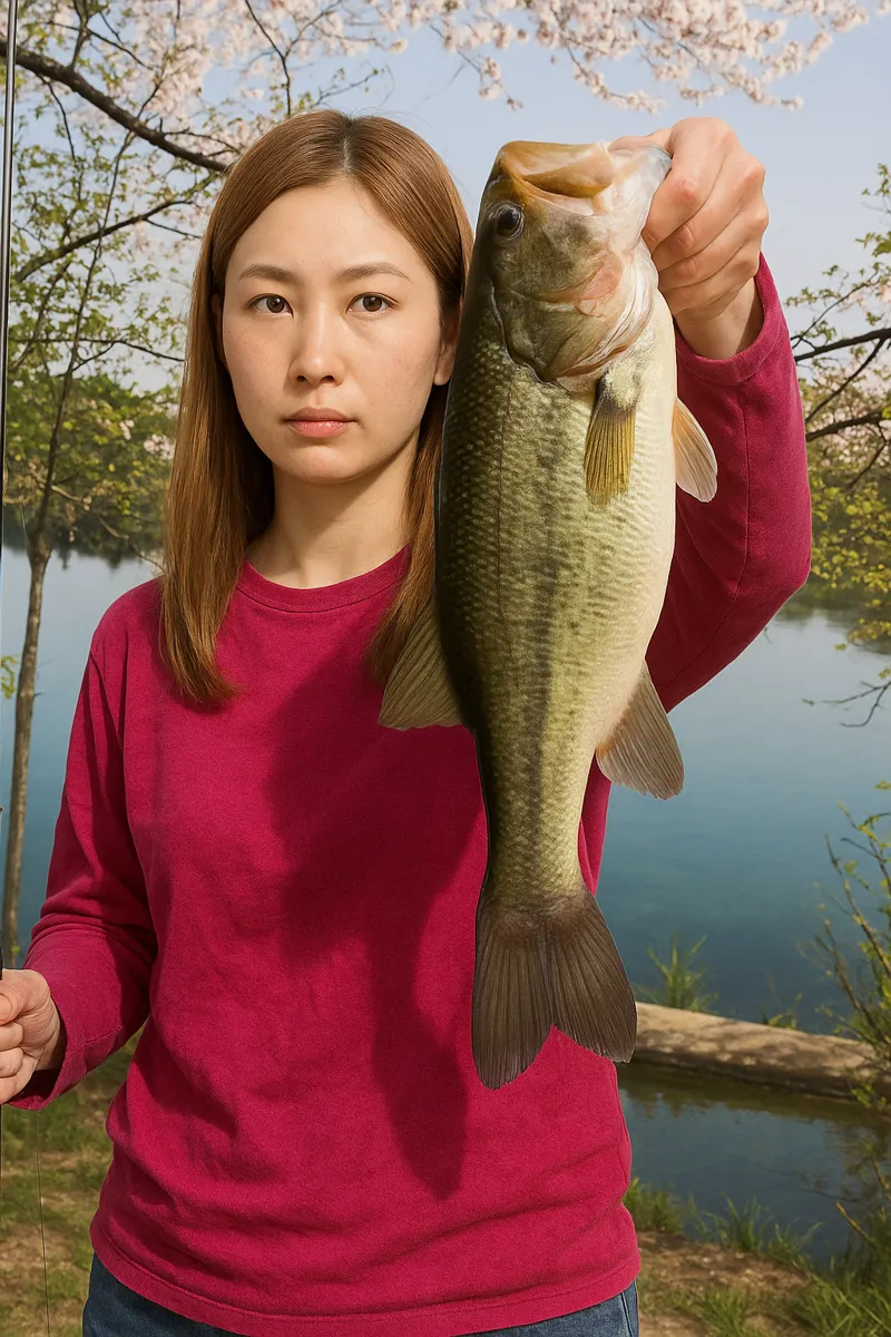 さくら湖でブラックバスの釣果を得た女性.webp