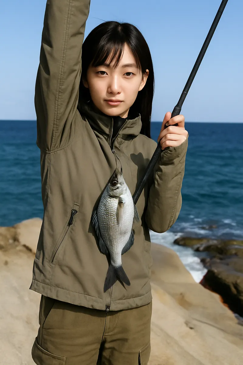 ちぢり浜でウミタナゴの釣果を得た女性.webp
