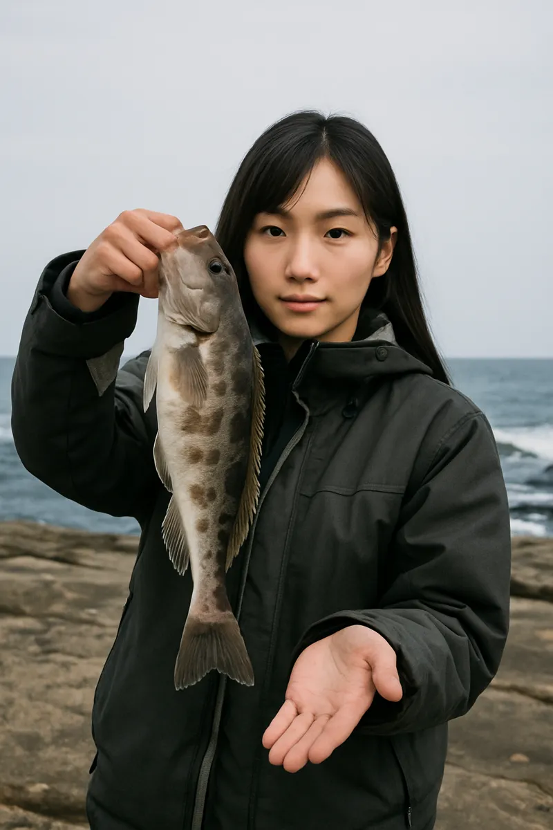 ちぢり浜でホッケの釣果を得た女性.webp