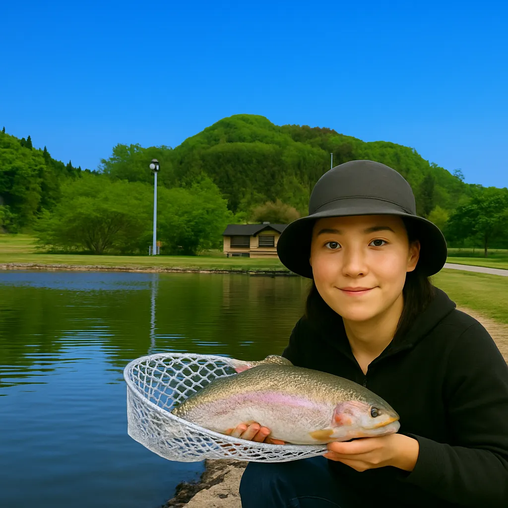 ウェルカムオーパでニジマスの釣果を得た女性.webp