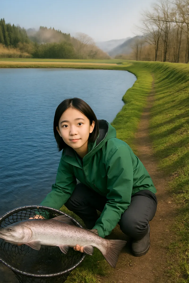 ウキウキランドでイトウの釣果を得た森永.webp