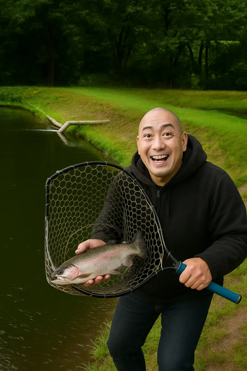 ウキウキランドでニジマスの釣果を得たがんだま君.webp