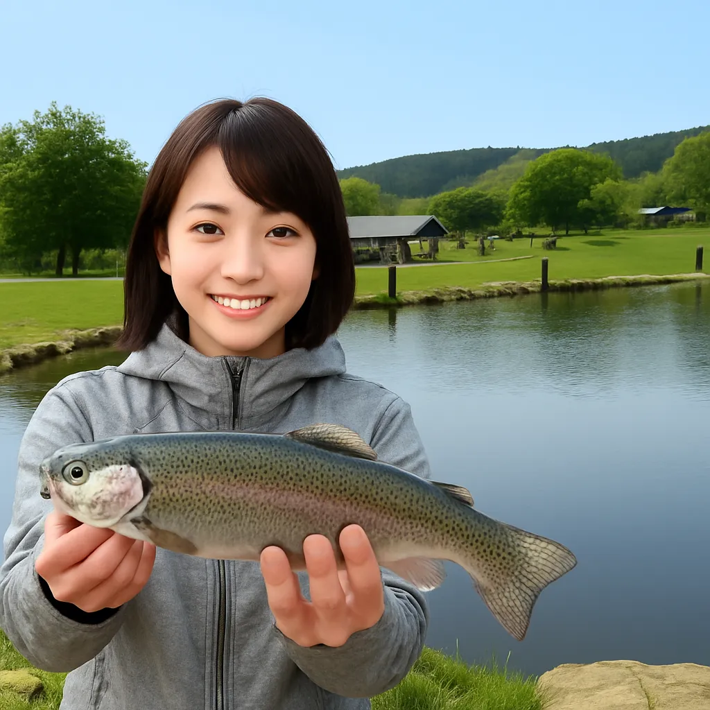 グリーンパーク不忘でニジマスの釣果を得た西岡.webp