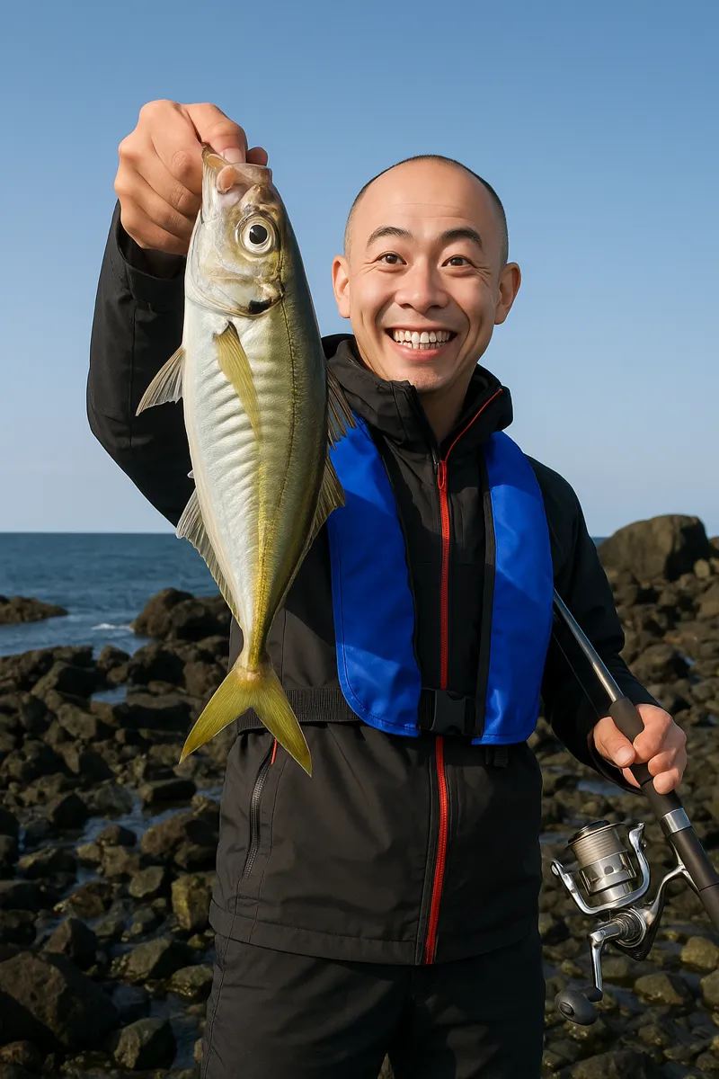 チゴキ崎でアジの釣果を得たがんだま君.webp