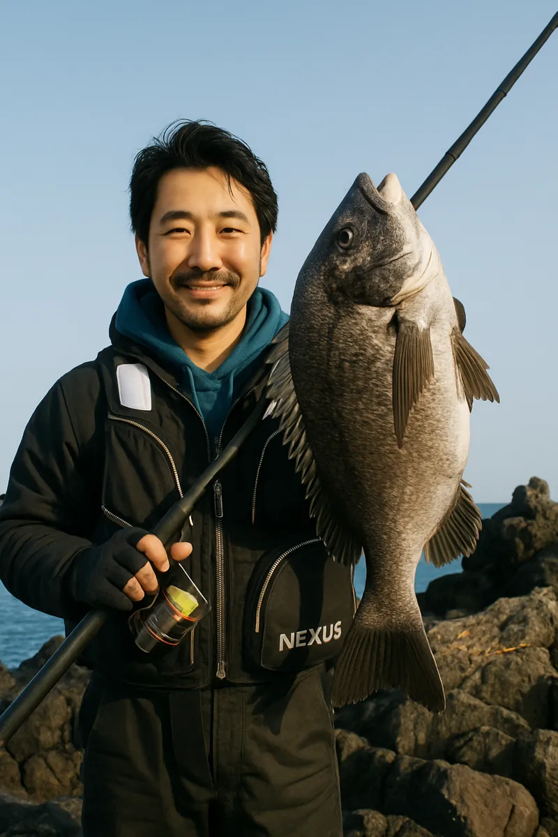 チゴキ崎でクロダイの釣果を得た佐々木.webp
