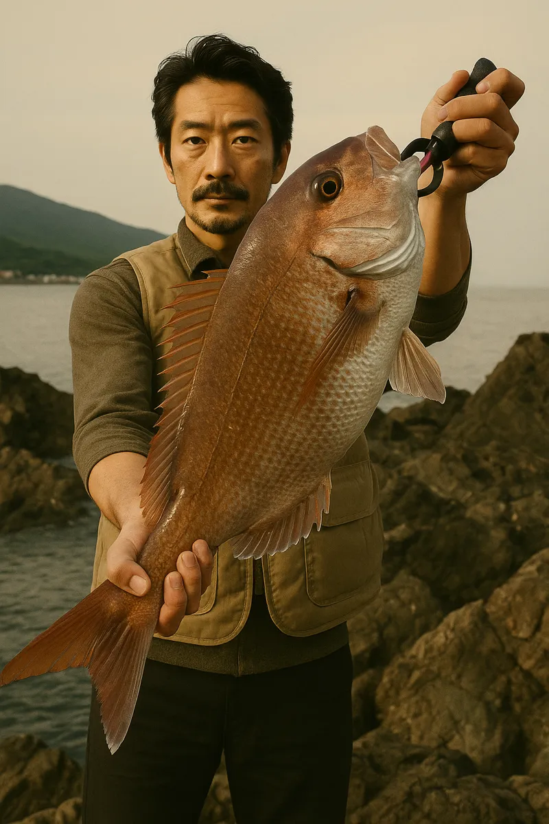 チゴキ崎でマダイの釣果を得た佐々木.webp