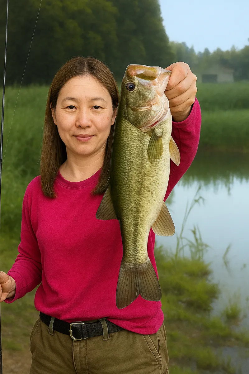 フィッシャーズインでブラックバスの釣果を得た女性.webp