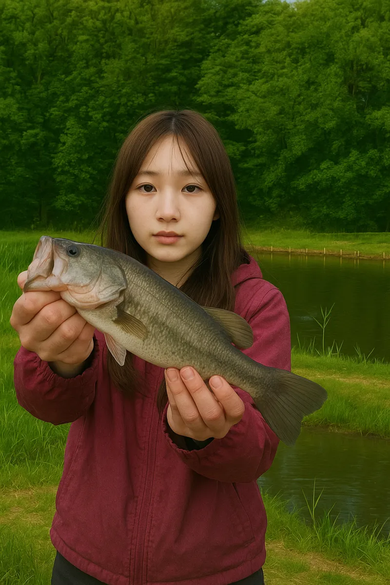 フィッシングポンド神次郎でブラックバスの釣果を得た女性.webp