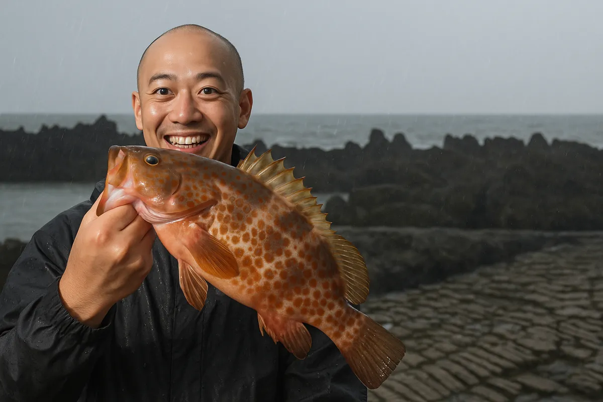 マリンパークねずがせきでキジハタの釣果を得たがんだま君.webp