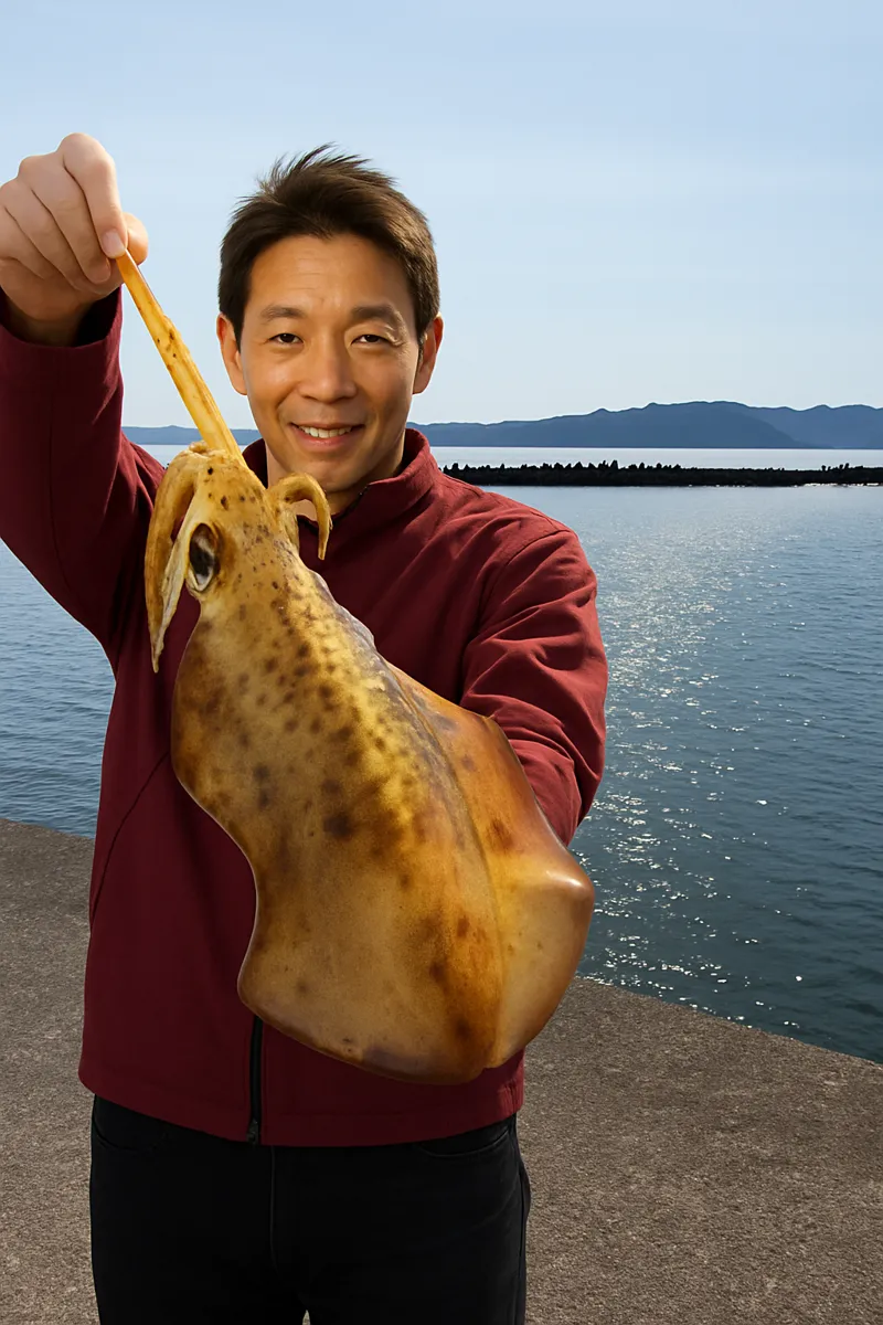 一尺屋下浦港でアオリイカの釣果を得た亀岡.webp