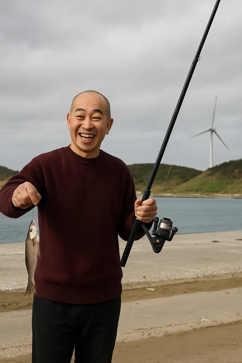 七里長浜港でシロギスの釣果を得たがんだま君.webp